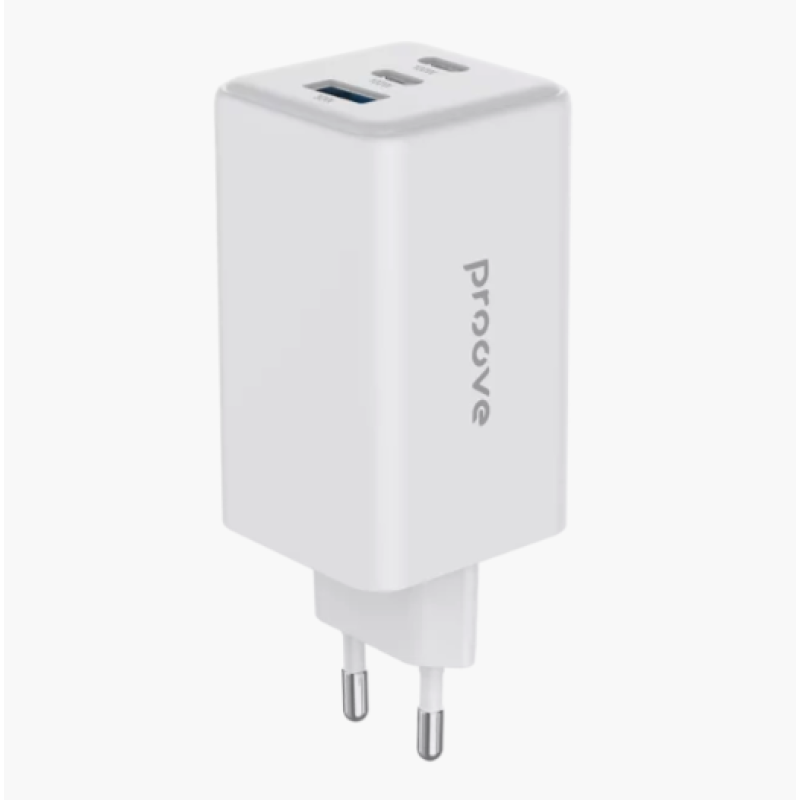 Proove Pocket GaN Max 100W – sienas lādētājs ar 2× Type-C un Type-A, balts